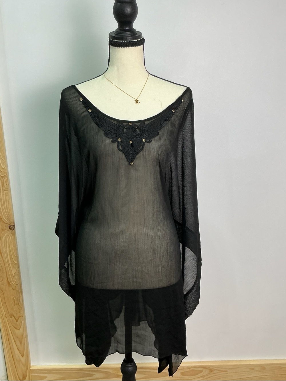 H&M Black Sheer Embellished Tunic W/Poncho Sleeves